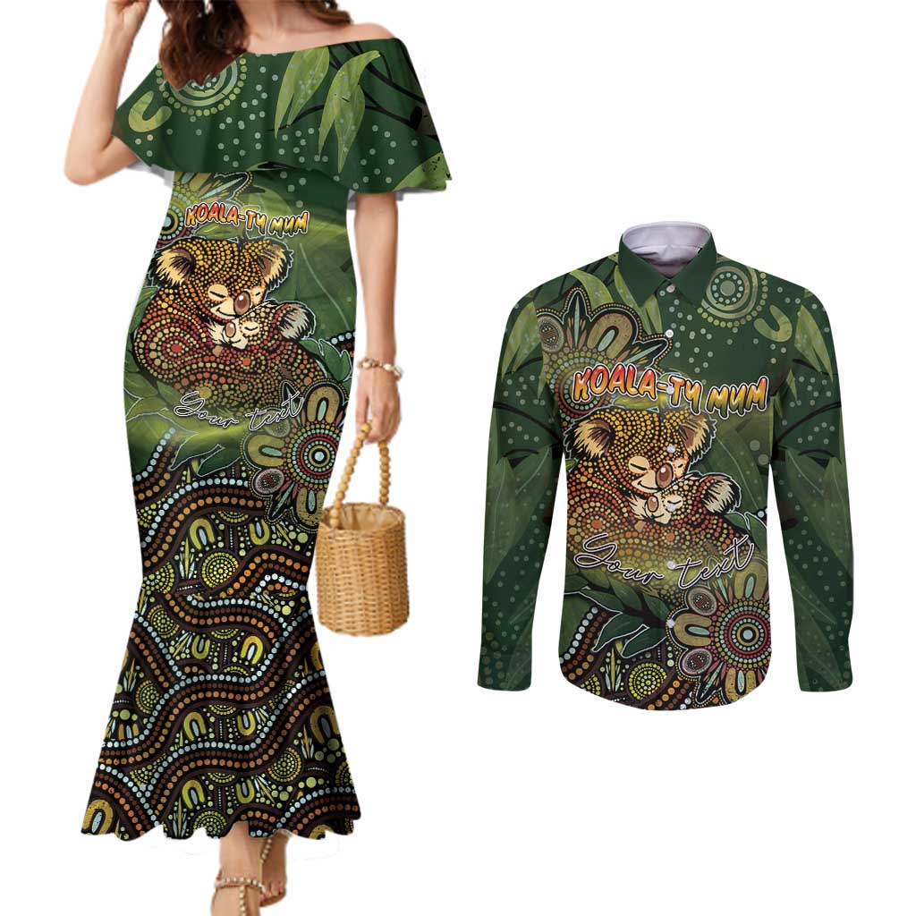Personalised Koala Mum Australia Mother's Day Couples Matching Mermaid Dress and Long Sleeve Button Shirt Aboriginal Dot Art Floral Joey Hug