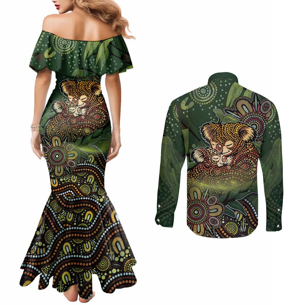 Personalised Koala Mum Australia Mother's Day Couples Matching Mermaid Dress and Long Sleeve Button Shirt Aboriginal Dot Art Floral Joey Hug
