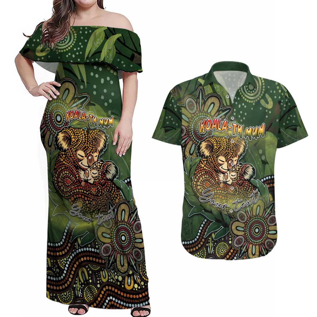 Personalised Koala Mum Australia Mother's Day Couples Matching Off Shoulder Maxi Dress and Hawaiian Shirt Aboriginal Dot Art Floral Joey Hug