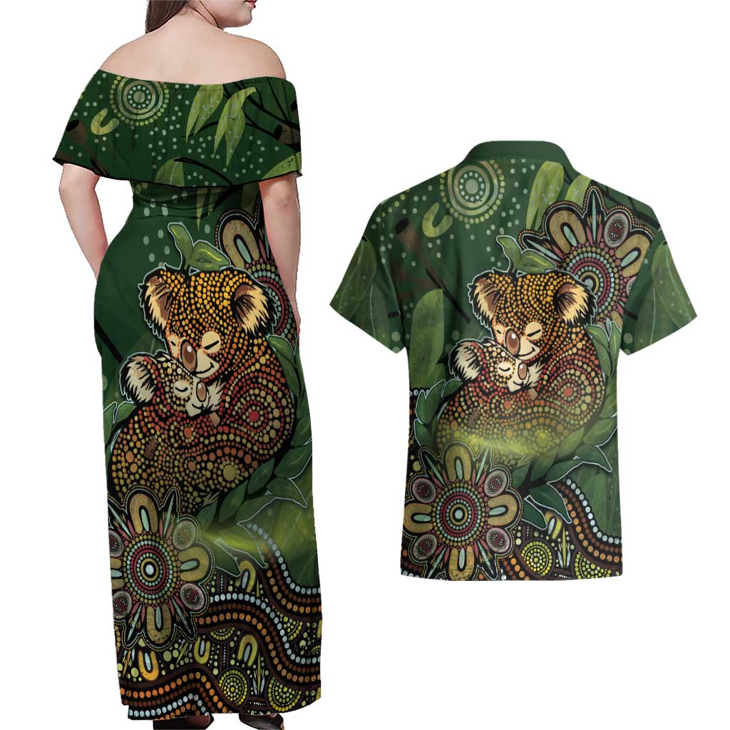 Personalised Koala Mum Australia Mother's Day Couples Matching Off Shoulder Maxi Dress and Hawaiian Shirt Aboriginal Dot Art Floral Joey Hug