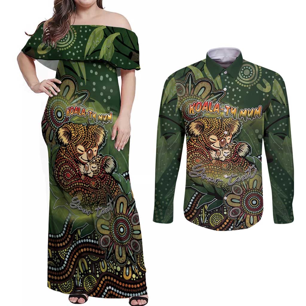 Personalised Koala Mum Australia Mother's Day Couples Matching Off Shoulder Maxi Dress and Long Sleeve Button Shirt Aboriginal Dot Art Floral Joey Hug