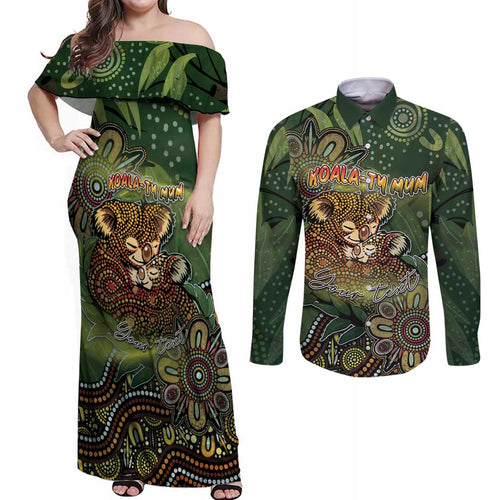 Personalised Koala Mum Australia Mother's Day Couples Matching Off Shoulder Maxi Dress and Long Sleeve Button Shirt Aboriginal Dot Art Floral Joey Hug