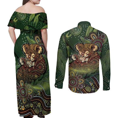 Personalised Koala Mum Australia Mother's Day Couples Matching Off Shoulder Maxi Dress and Long Sleeve Button Shirt Aboriginal Dot Art Floral Joey Hug