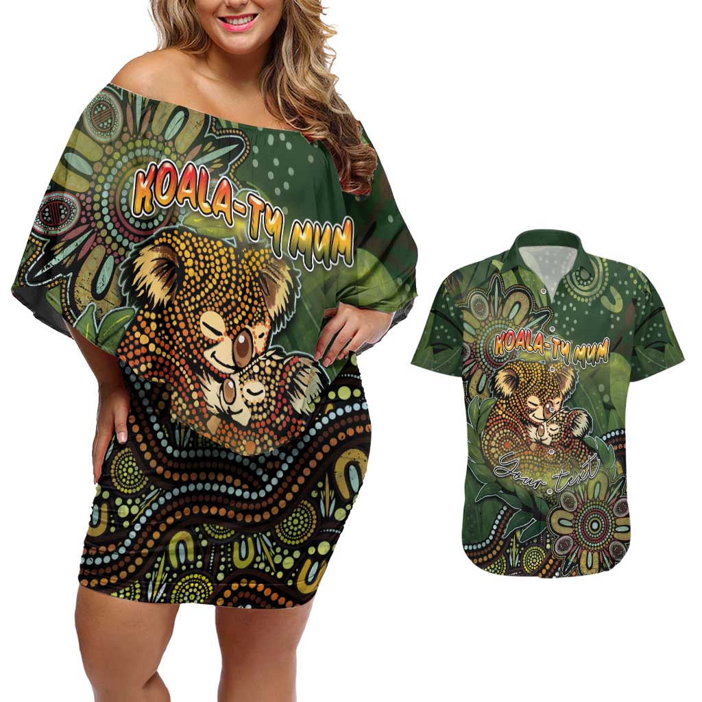 Personalised Koala Mum Australia Mother's Day Couples Matching Off Shoulder Short Dress and Hawaiian Shirt Aboriginal Dot Art Floral Joey Hug