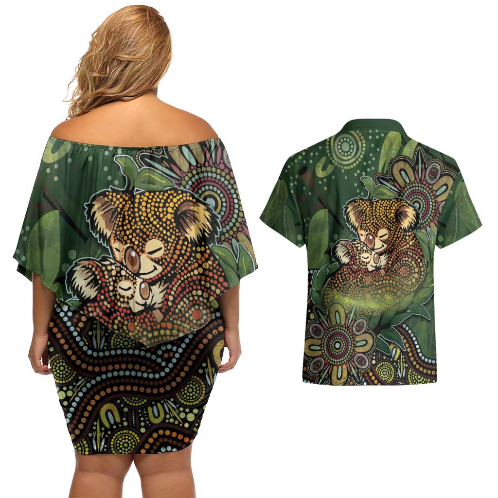 Personalised Koala Mum Australia Mother's Day Couples Matching Off Shoulder Short Dress and Hawaiian Shirt Aboriginal Dot Art Floral Joey Hug