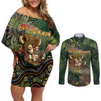 Personalised Koala Mum Australia Mother's Day Couples Matching Off Shoulder Short Dress and Long Sleeve Button Shirt Aboriginal Dot Art Floral Joey Hug