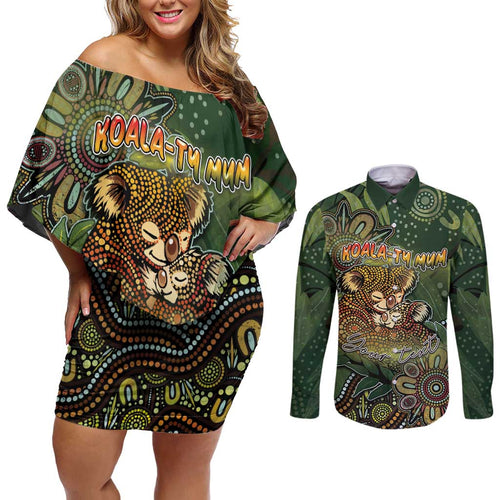 Personalised Koala Mum Australia Mother's Day Couples Matching Off Shoulder Short Dress and Long Sleeve Button Shirt Aboriginal Dot Art Floral Joey Hug
