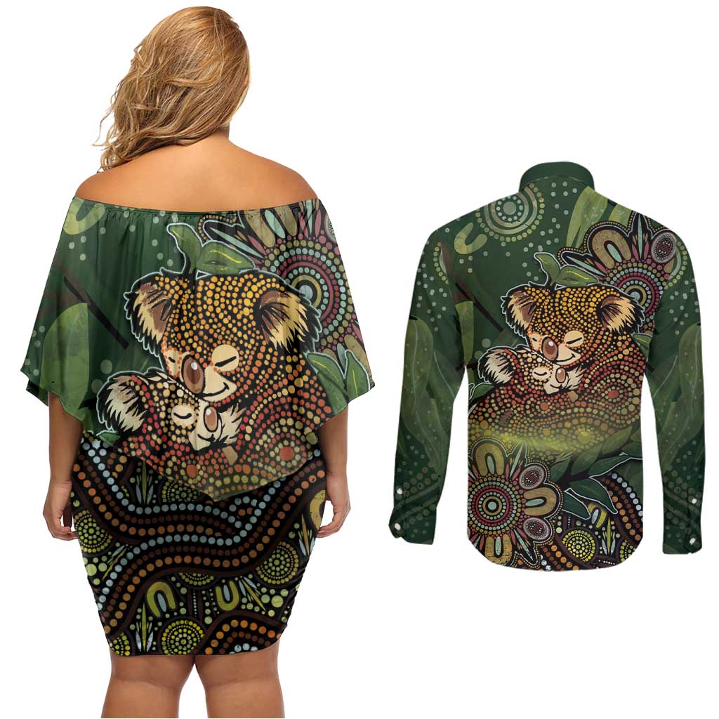 Personalised Koala Mum Australia Mother's Day Couples Matching Off Shoulder Short Dress and Long Sleeve Button Shirt Aboriginal Dot Art Floral Joey Hug