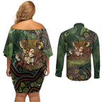 Personalised Koala Mum Australia Mother's Day Couples Matching Off Shoulder Short Dress and Long Sleeve Button Shirt Aboriginal Dot Art Floral Joey Hug