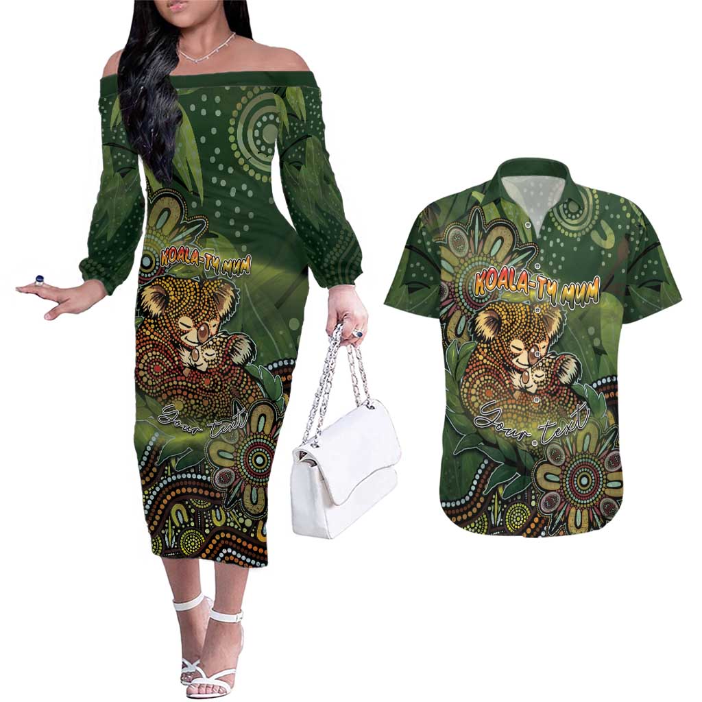Personalised Koala Mum Australia Mother's Day Couples Matching Off The Shoulder Long Sleeve Dress and Hawaiian Shirt Aboriginal Dot Art Floral Joey Hug