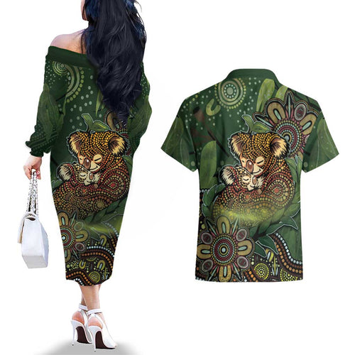 Personalised Koala Mum Australia Mother's Day Couples Matching Off The Shoulder Long Sleeve Dress and Hawaiian Shirt Aboriginal Dot Art Floral Joey Hug