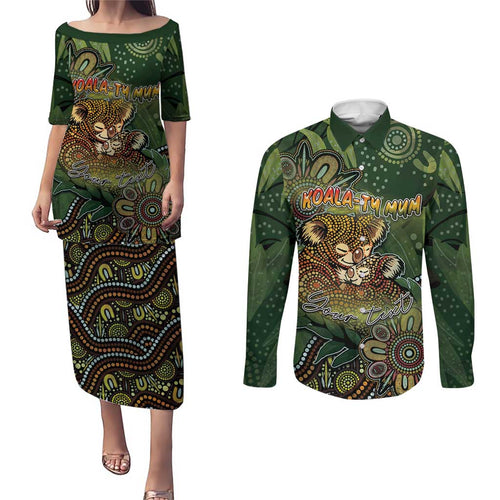 Personalised Koala Mum Australia Mother's Day Couples Matching Puletasi and Long Sleeve Button Shirt Aboriginal Dot Art Floral Joey Hug