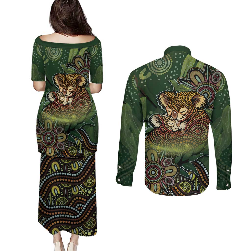 Personalised Koala Mum Australia Mother's Day Couples Matching Puletasi and Long Sleeve Button Shirt Aboriginal Dot Art Floral Joey Hug