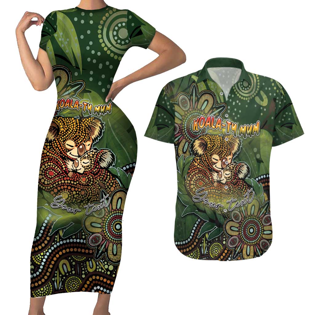 Personalised Koala Mum Australia Mother's Day Couples Matching Short Sleeve Bodycon Dress and Hawaiian Shirt Aboriginal Dot Art Floral Joey Hug