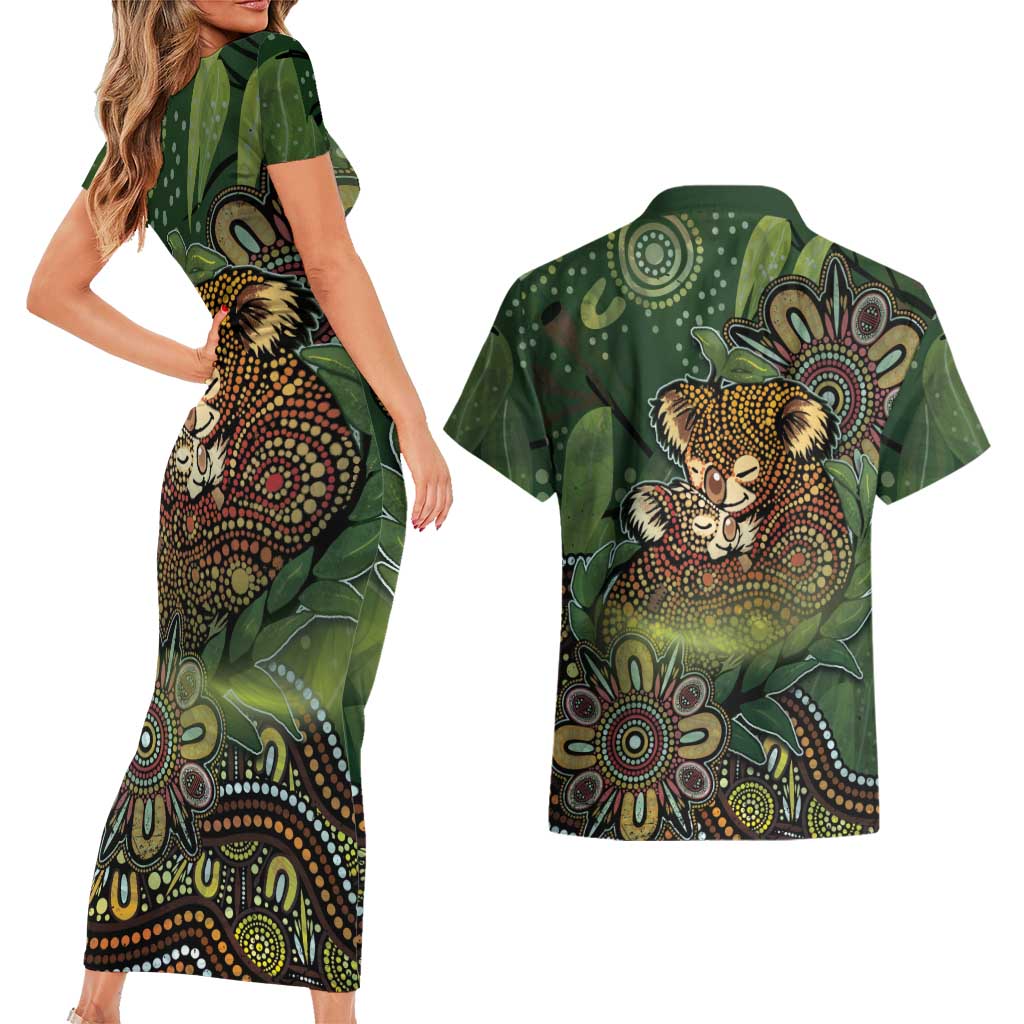 Personalised Koala Mum Australia Mother's Day Couples Matching Short Sleeve Bodycon Dress and Hawaiian Shirt Aboriginal Dot Art Floral Joey Hug