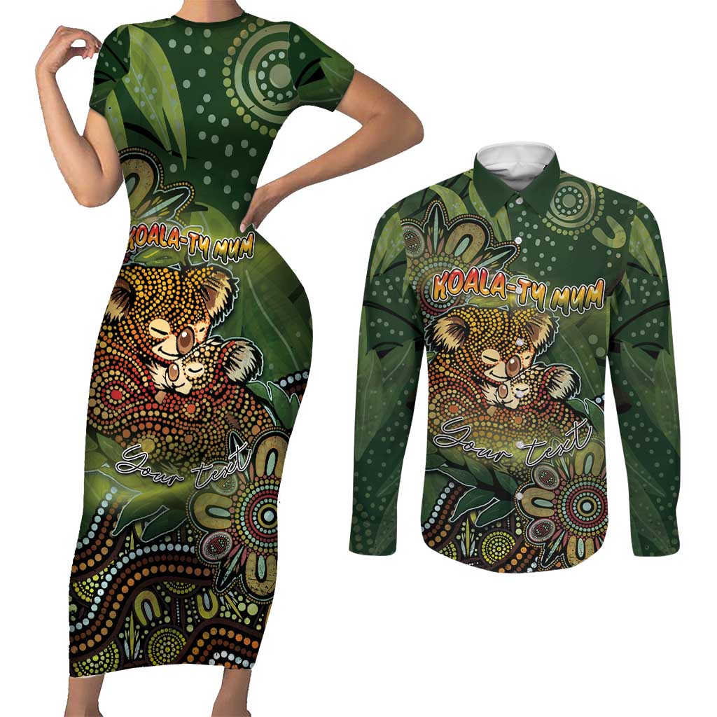 Personalised Koala Mum Australia Mother's Day Couples Matching Short Sleeve Bodycon Dress and Long Sleeve Button Shirt Aboriginal Dot Art Floral Joey Hug