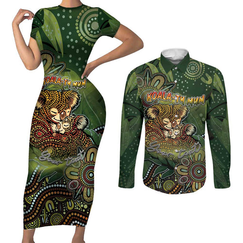 Personalised Koala Mum Australia Mother's Day Couples Matching Short Sleeve Bodycon Dress and Long Sleeve Button Shirt Aboriginal Dot Art Floral Joey Hug
