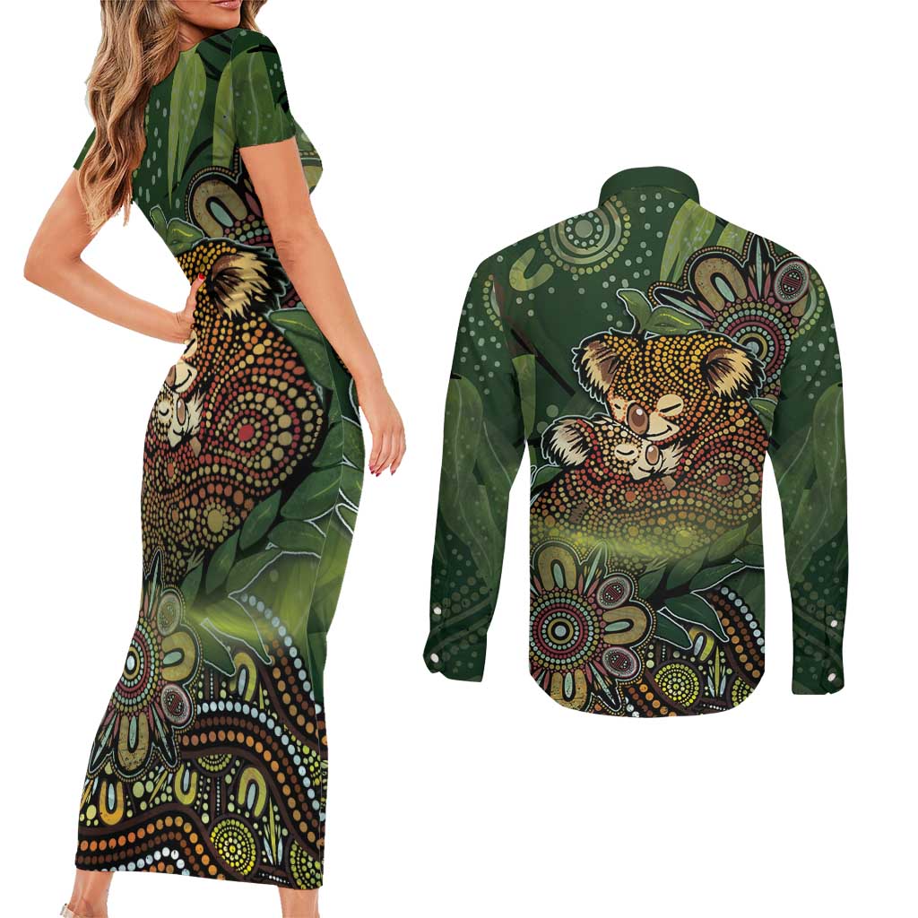 Personalised Koala Mum Australia Mother's Day Couples Matching Short Sleeve Bodycon Dress and Long Sleeve Button Shirt Aboriginal Dot Art Floral Joey Hug