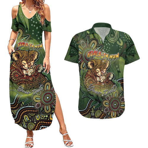 Personalised Koala Mum Australia Mother's Day Couples Matching Summer Maxi Dress and Hawaiian Shirt Aboriginal Dot Art Floral Joey Hug