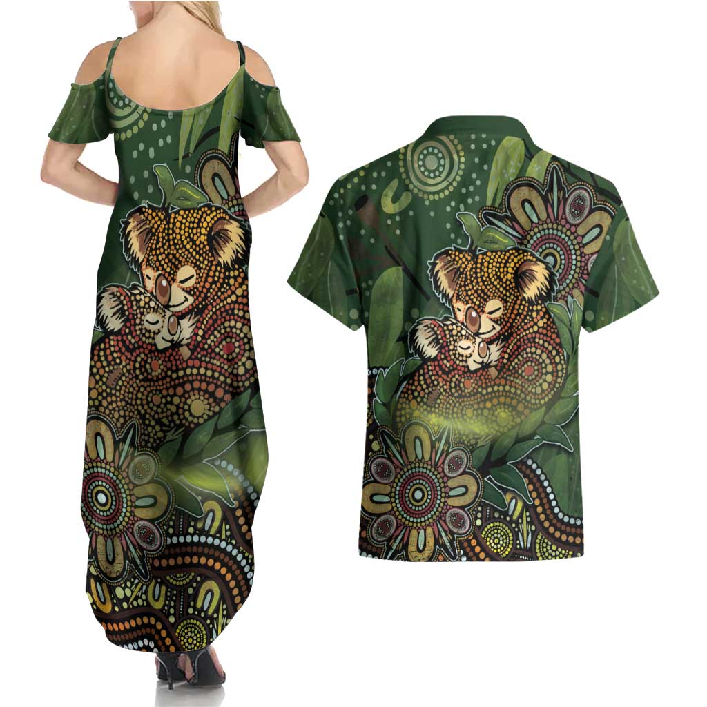 Personalised Koala Mum Australia Mother's Day Couples Matching Summer Maxi Dress and Hawaiian Shirt Aboriginal Dot Art Floral Joey Hug