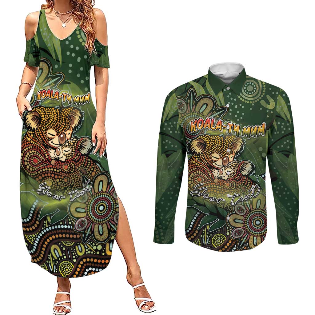 Personalised Koala Mum Australia Mother's Day Couples Matching Summer Maxi Dress and Long Sleeve Button Shirt Aboriginal Dot Art Floral Joey Hug