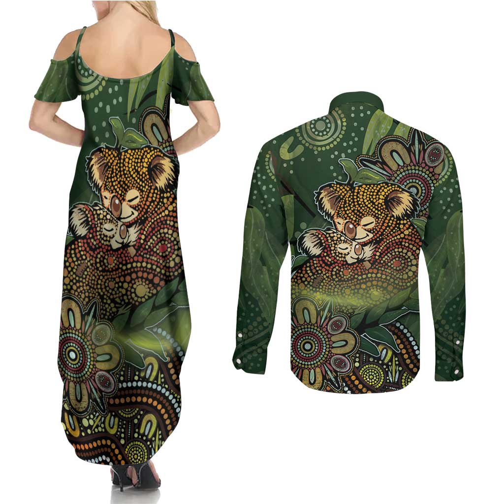 Personalised Koala Mum Australia Mother's Day Couples Matching Summer Maxi Dress and Long Sleeve Button Shirt Aboriginal Dot Art Floral Joey Hug