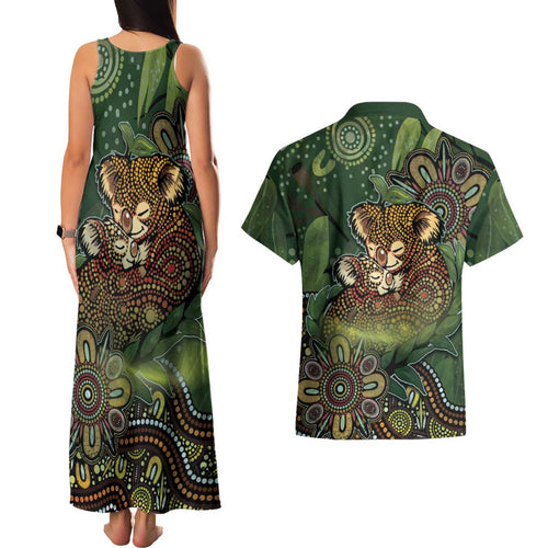 Personalised Koala Mum Australia Mother's Day Couples Matching Tank Maxi Dress and Hawaiian Shirt Aboriginal Dot Art Floral Joey Hug