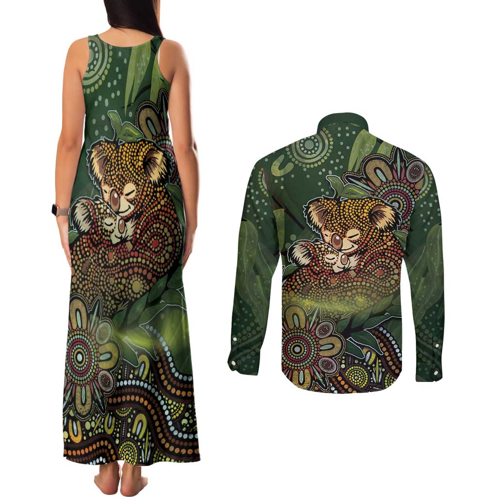 Personalised Koala Mum Australia Mother's Day Couples Matching Tank Maxi Dress and Long Sleeve Button Shirt Aboriginal Dot Art Floral Joey Hug