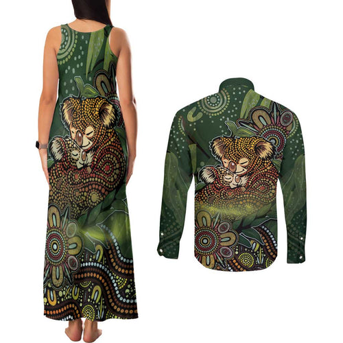 Personalised Koala Mum Australia Mother's Day Couples Matching Tank Maxi Dress and Long Sleeve Button Shirt Aboriginal Dot Art Floral Joey Hug