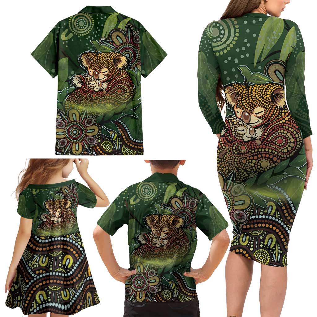 Personalised Koala Mum Australia Mother's Day Family Matching Long Sleeve Bodycon Dress and Hawaiian Shirt Aboriginal Dot Art Floral Joey Hug