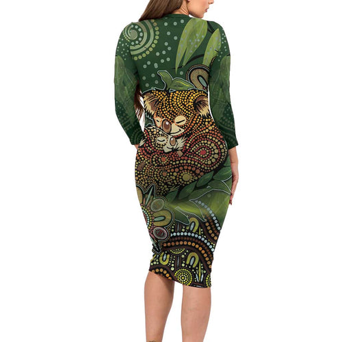 Personalised Koala Mum Australia Mother's Day Family Matching Long Sleeve Bodycon Dress and Hawaiian Shirt Aboriginal Dot Art Floral Joey Hug