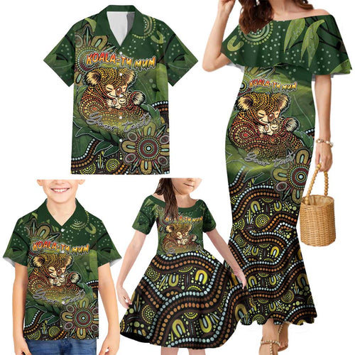 Personalised Koala Mum Australia Mother's Day Family Matching Mermaid Dress and Hawaiian Shirt Aboriginal Dot Art Floral Joey Hug
