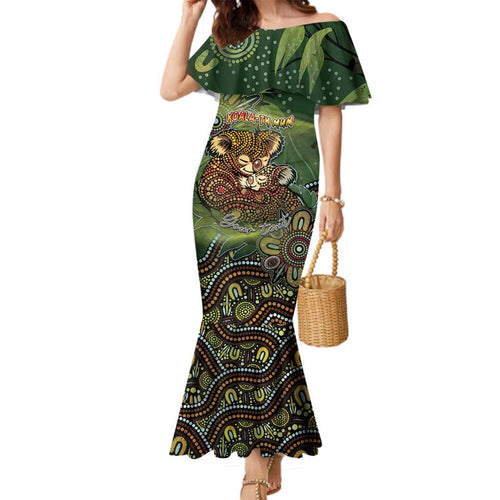 Personalised Koala Mum Australia Mother's Day Family Matching Mermaid Dress and Hawaiian Shirt Aboriginal Dot Art Floral Joey Hug