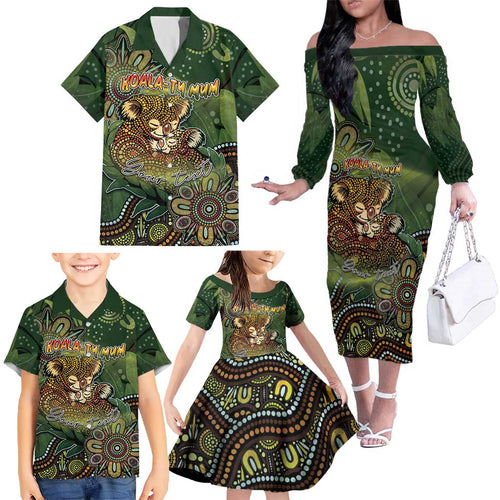 Personalised Koala Mum Australia Mother's Day Family Matching Off The Shoulder Long Sleeve Dress and Hawaiian Shirt Aboriginal Dot Art Floral Joey Hug