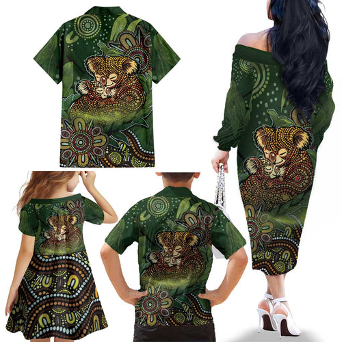 Personalised Koala Mum Australia Mother's Day Family Matching Off The Shoulder Long Sleeve Dress and Hawaiian Shirt Aboriginal Dot Art Floral Joey Hug