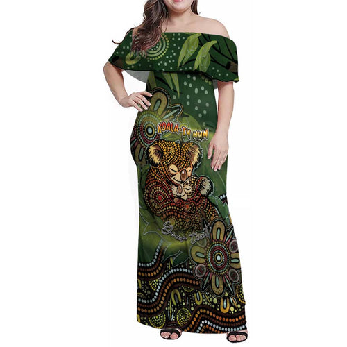 Personalised Koala Mum Australia Mother's Day Family Matching Off Shoulder Maxi Dress and Hawaiian Shirt Aboriginal Dot Art Floral Joey Hug