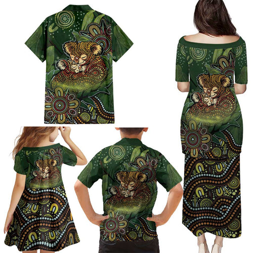 Personalised Koala Mum Australia Mother's Day Family Matching Puletasi and Hawaiian Shirt Aboriginal Dot Art Floral Joey Hug