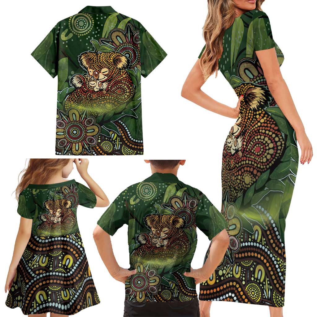 Personalised Koala Mum Australia Mother's Day Family Matching Short Sleeve Bodycon Dress and Hawaiian Shirt Aboriginal Dot Art Floral Joey Hug