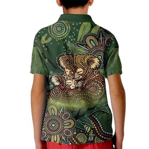 Personalised Koala Mum Australia Mother's Day Kid Polo Shirt Aboriginal Dot Art Floral Joey Hug