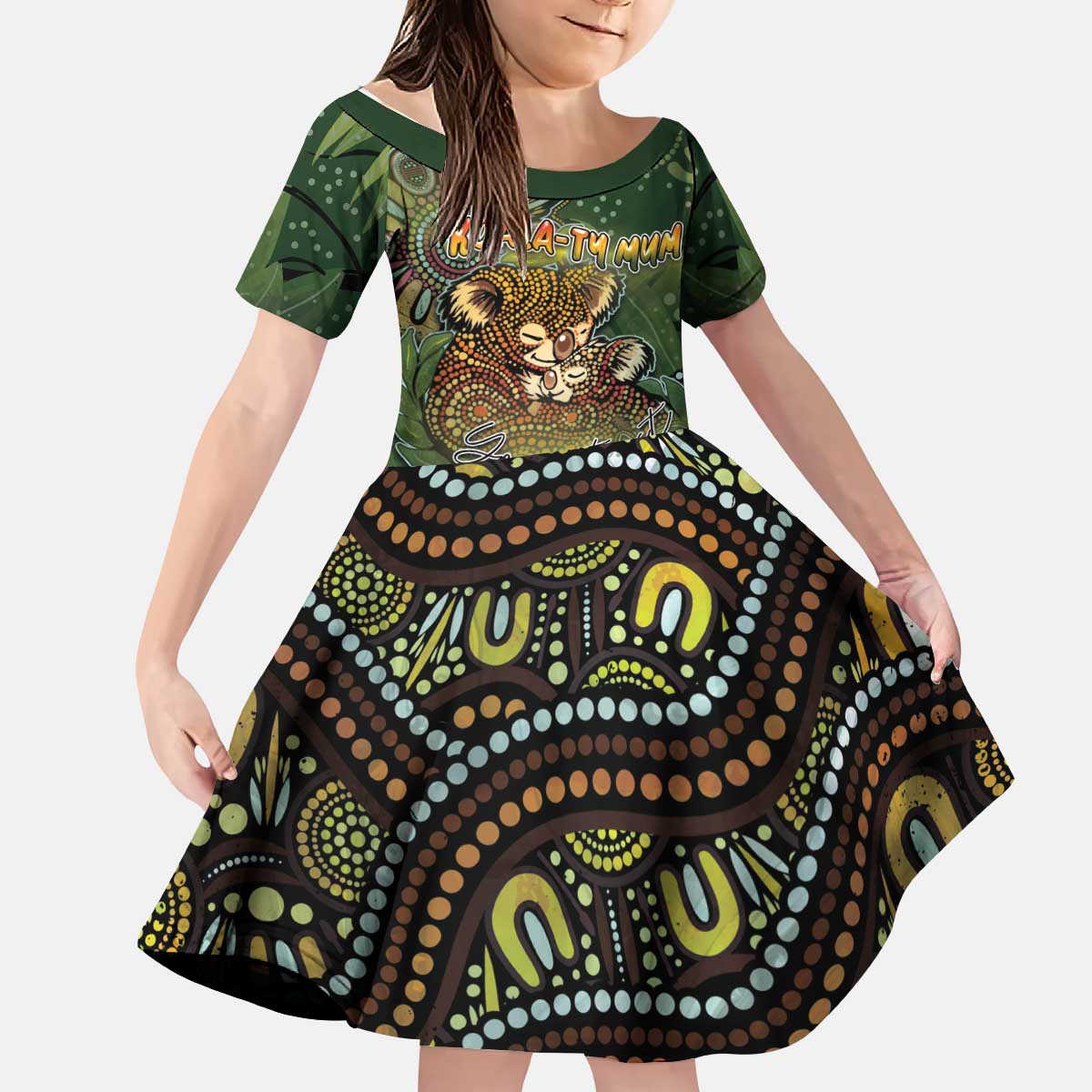 Personalised Koala Mum Australia Mother's Day Kid Short Sleeve Dress Aboriginal Dot Art Floral Joey Hug