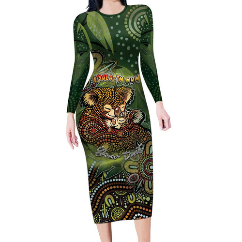 Personalised Koala Mum Australia Mother's Day Long Sleeve Bodycon Dress Aboriginal Dot Art Floral Joey Hug