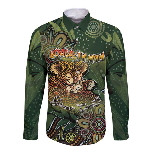 Personalised Koala Mum Australia Mother's Day Long Sleeve Button Shirt Aboriginal Dot Art Floral Joey Hug