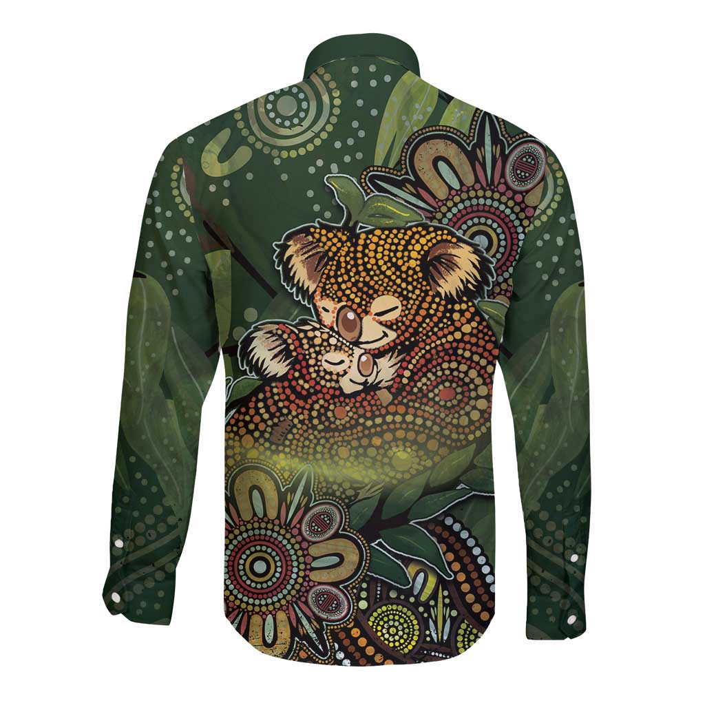 Personalised Koala Mum Australia Mother's Day Long Sleeve Button Shirt Aboriginal Dot Art Floral Joey Hug