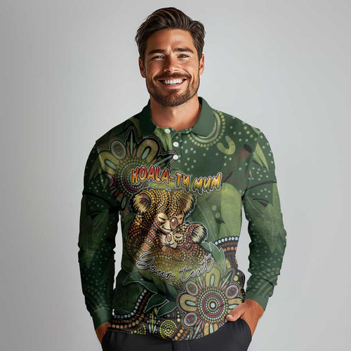 Personalised Koala Mum Australia Mother's Day Long Sleeve Polo Shirt Aboriginal Dot Art Floral Joey Hug