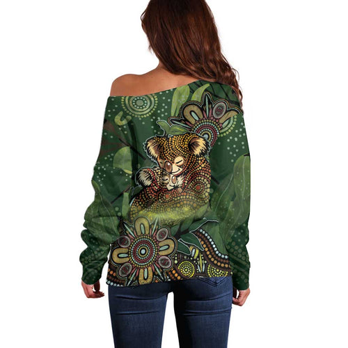 Personalised Koala Mum Australia Mother's Day Off Shoulder Sweater Aboriginal Dot Art Floral Joey Hug