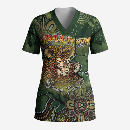Personalised Koala Mum Australia Mother's Day Scrub Top Aboriginal Dot Art Floral Joey Hug