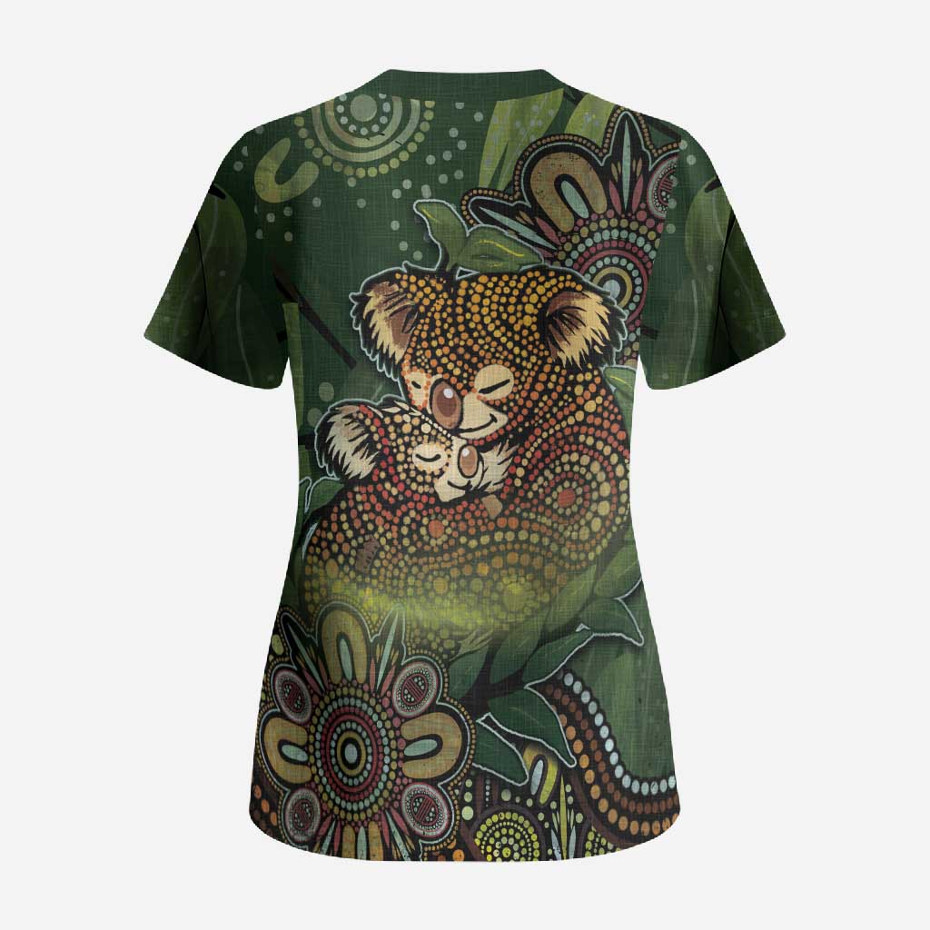 Personalised Koala Mum Australia Mother's Day Scrub Top Aboriginal Dot Art Floral Joey Hug