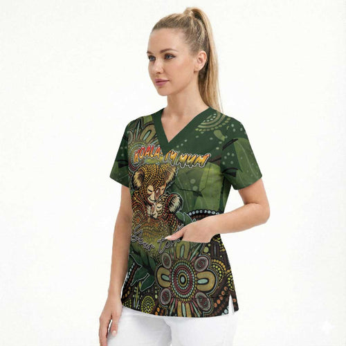 Personalised Koala Mum Australia Mother's Day Scrub Top Aboriginal Dot Art Floral Joey Hug