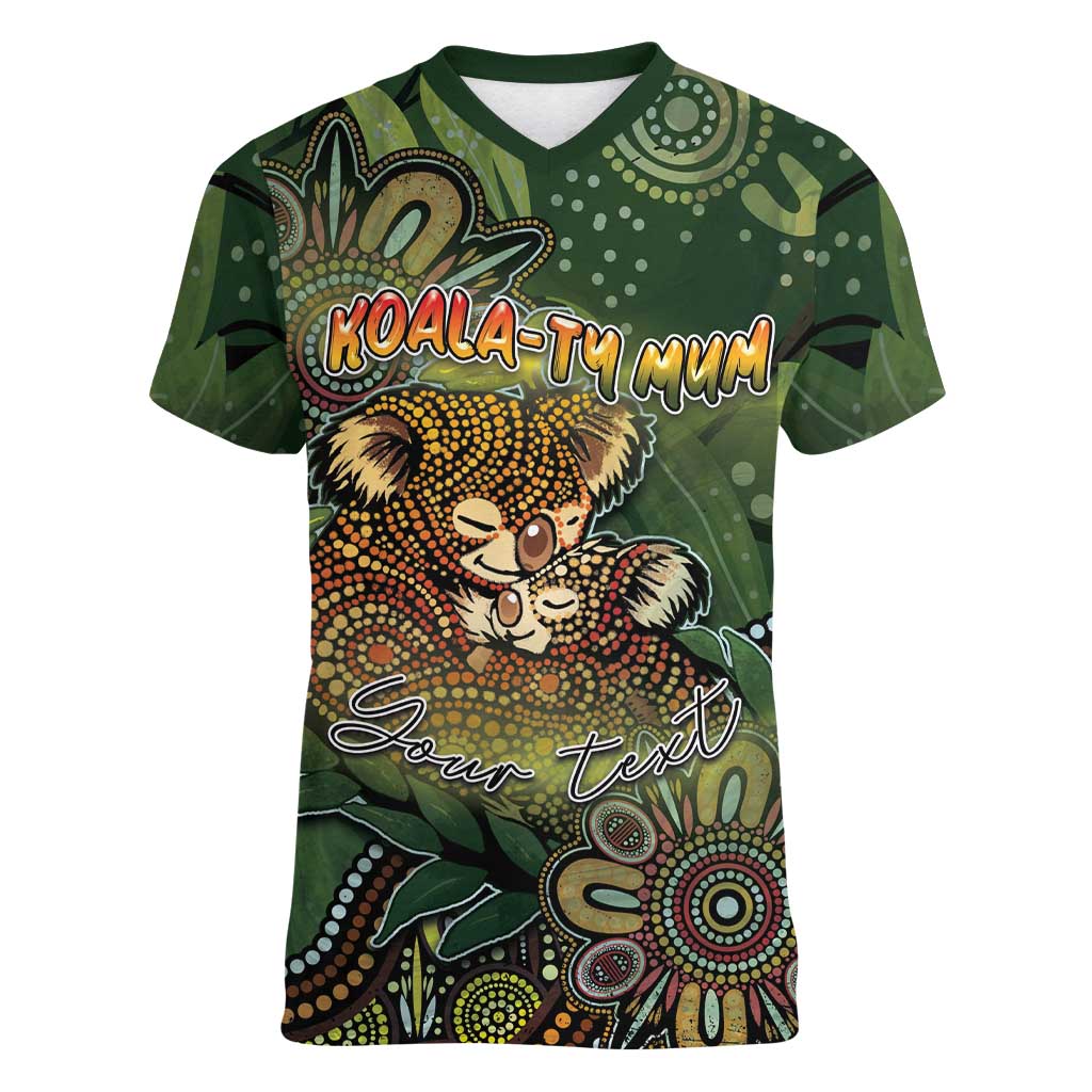 Personalised Koala Mum Australia Mother's Day Women V-Neck T-Shirt Aboriginal Dot Art Floral Joey Hug
