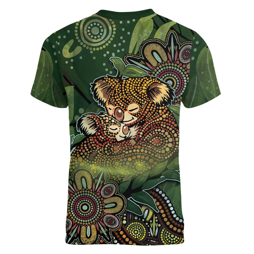 Personalised Koala Mum Australia Mother's Day Women V-Neck T-Shirt Aboriginal Dot Art Floral Joey Hug